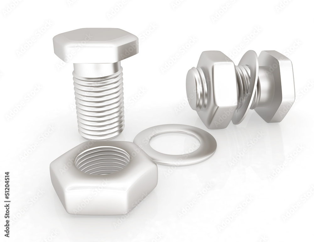 stainless steel bolts with a nuts and washers on white stainless steel bolts with a nuts and washers on white