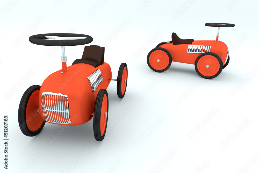 Two red toy car on white background, rendered model Two red toy car on white background, rendered model