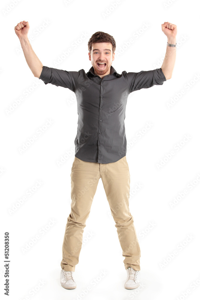 Excited handsome man with arms raised in success Excited handsome man with arms raised in success
