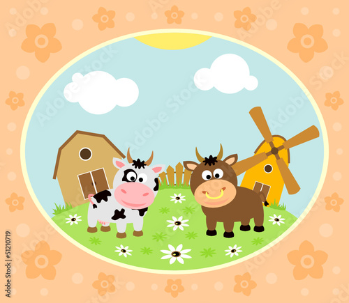 Farm background with funny cow and bull