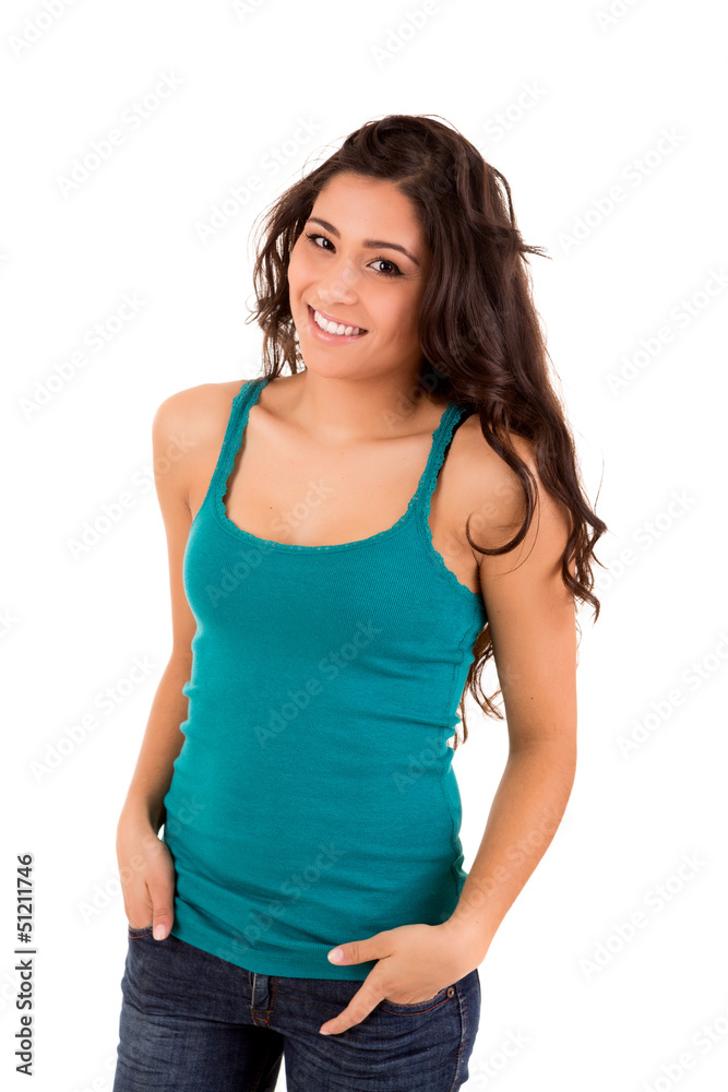 Portrait of a pretty young woman standing against white backgrou Portrait of a pretty young woman standing against white backgrou