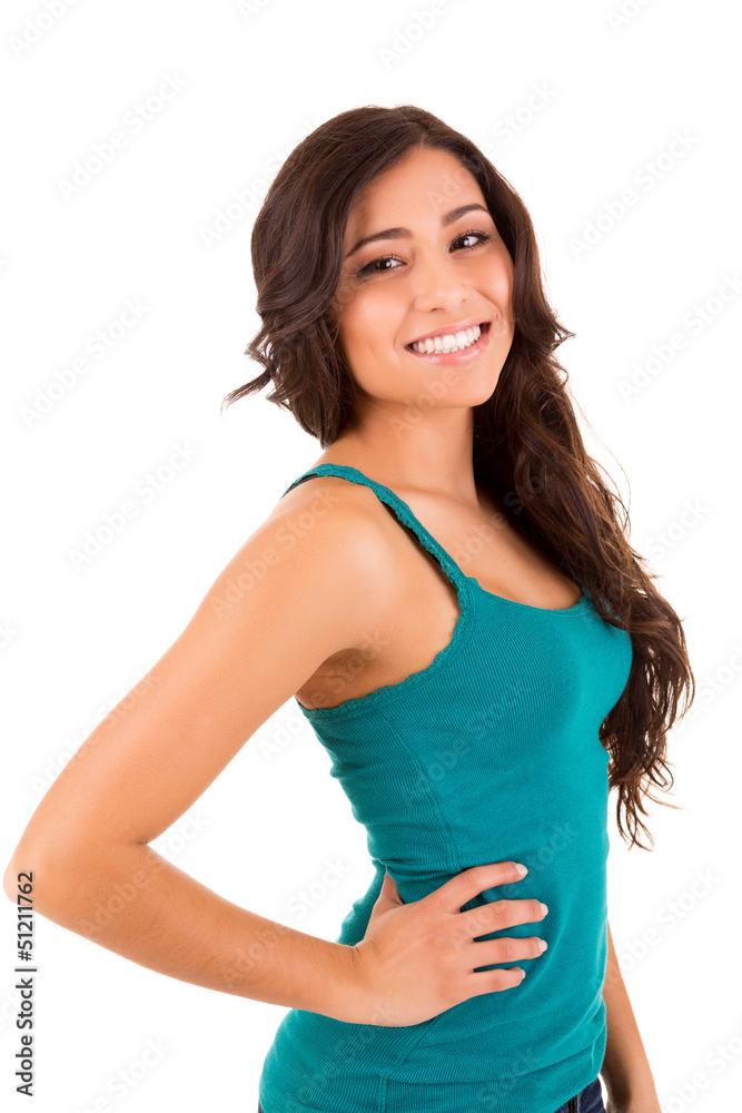 Portrait of a pretty young woman standing against white backgrou Portrait of a pretty young woman standing against white backgrou