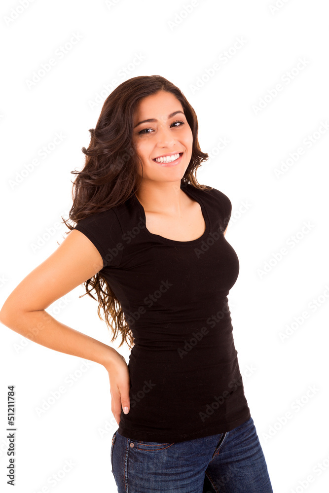 Portrait of a pretty young woman standing against white backgrou Portrait of a pretty young woman standing against white backgrou
