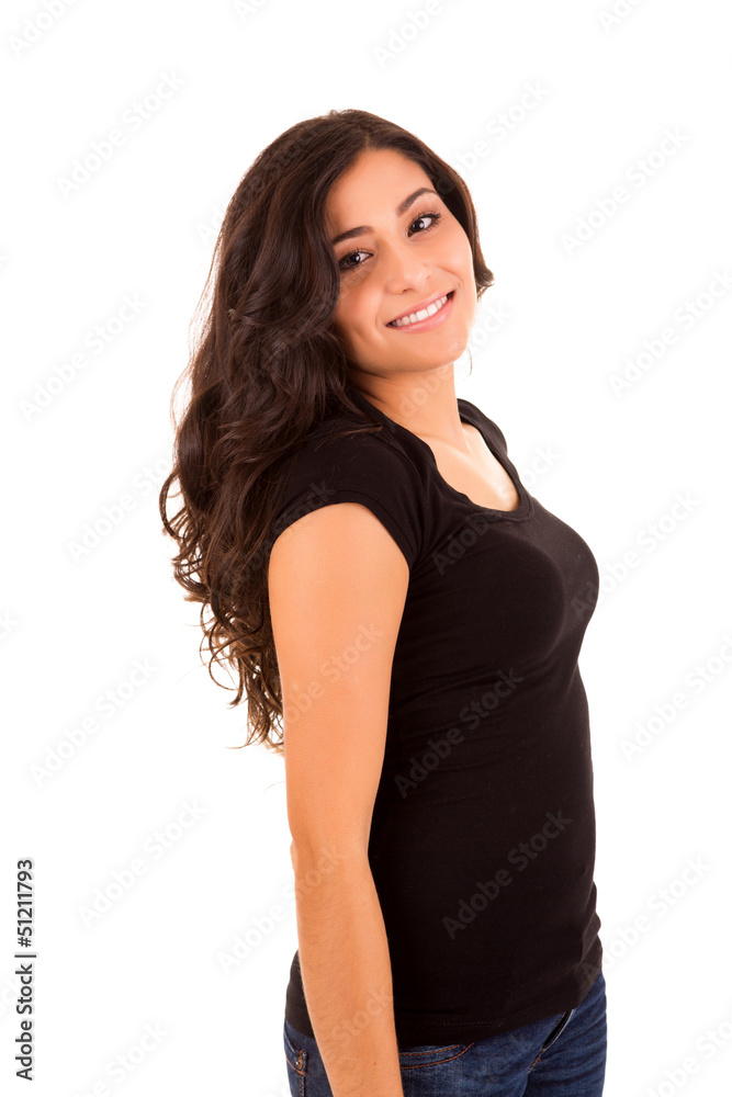 Portrait of a pretty young woman standing against white backgrou Portrait of a pretty young woman standing against white backgrou