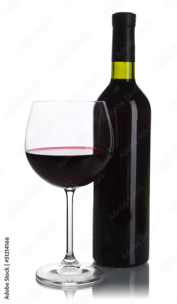 Red wine glass and bottle of wine isolated on white Red wine glass and bottle of wine isolated on white