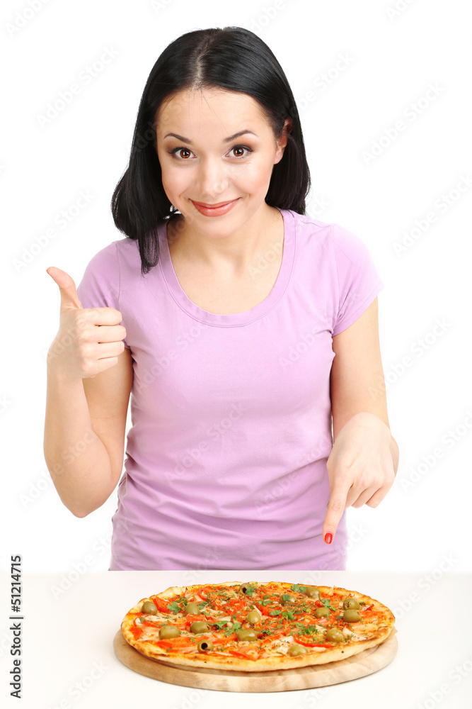 Beautiful girl wants to eat pizza isolated on white Beautiful girl wants to eat pizza isolated on white