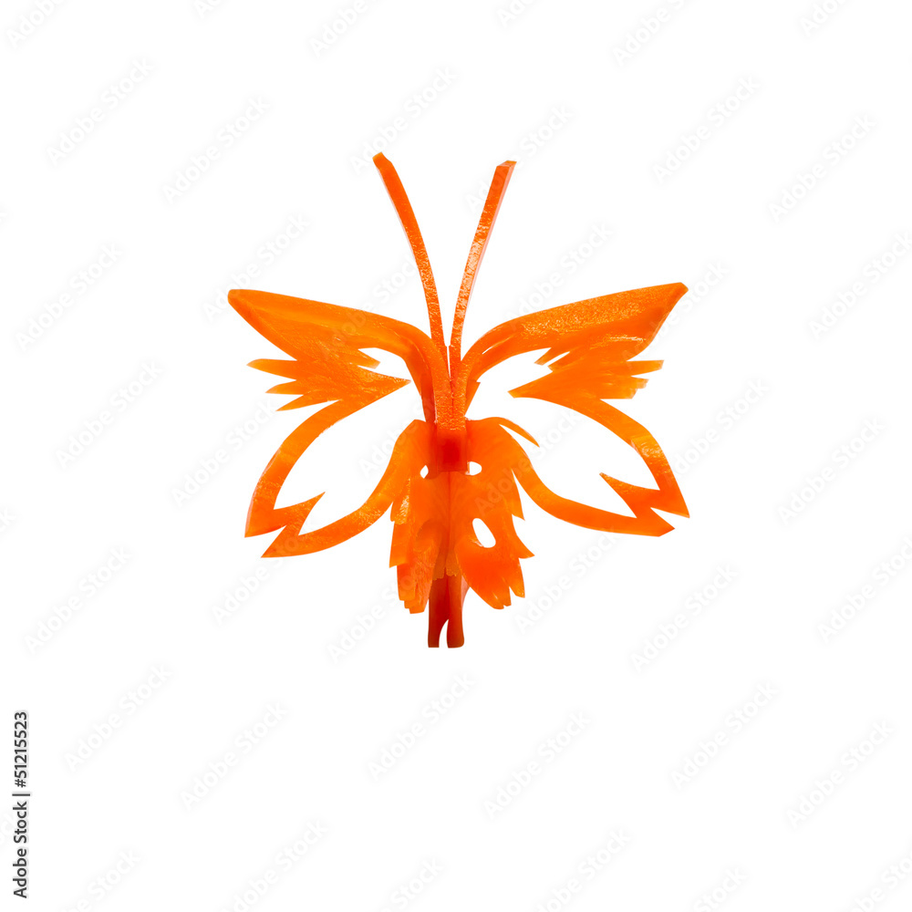 Butterfly carving made from carrots for meal decoration on white Butterfly carving made from carrots for meal decoration on white