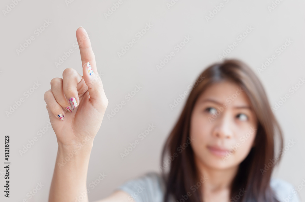 woman pressing an imaginary button empty space woman pressing an imaginary button empty space