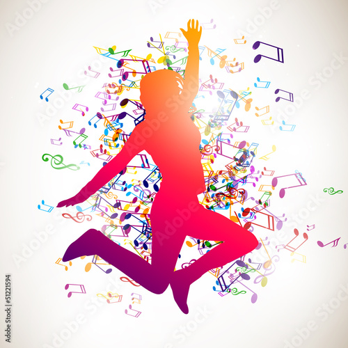 Vector Illustration of a Jumping Girl and Music Notes