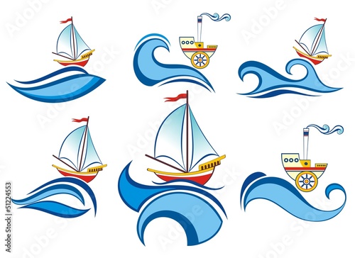 Collection of stickers and labels with waves and ships