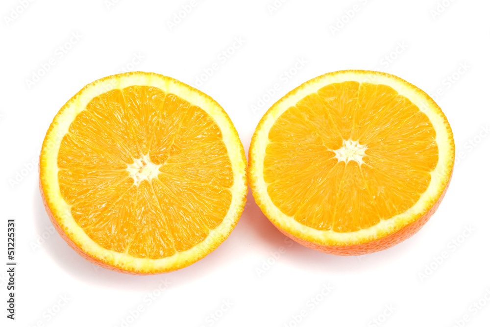 Two halves of orange isolated on white background. Two halves of orange isolated on white background.
