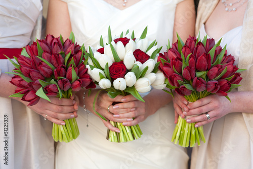 red and white tulip and rose wedding bouquets