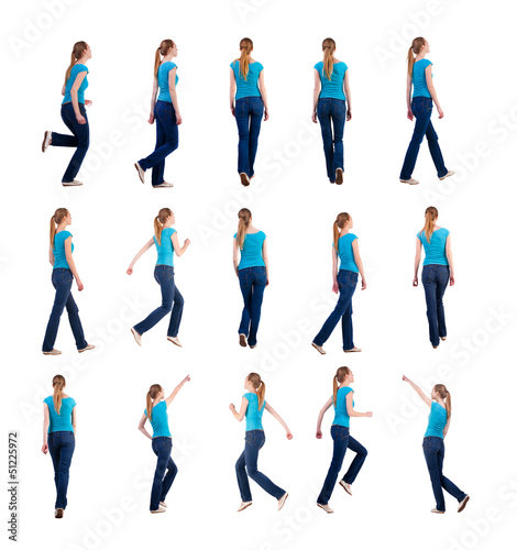 set "back view of walking and running woman in jeans".