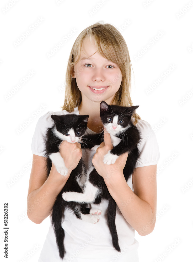 A happy girl holding a pair of cats. isolated on white A happy girl holding a pair of cats. isolated on white