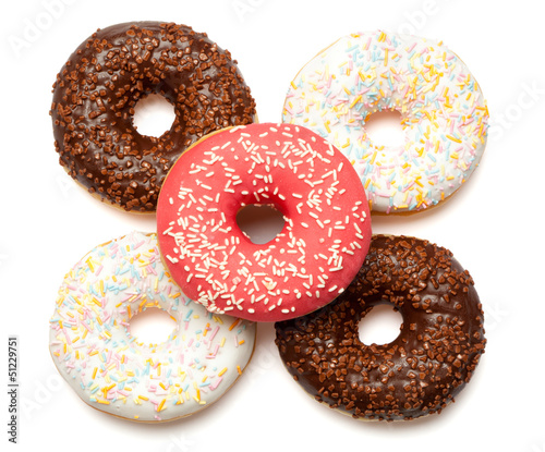 White, red and brown donuts