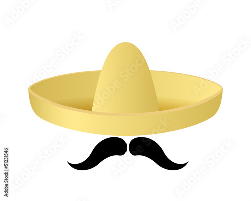 Sombrero hat with handlebar moustache. Vector