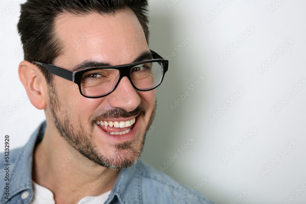 Portrait of smart guy with eyeglasses on Portrait of smart guy with eyeglasses on