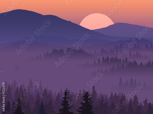 Illustration of purple valley with coniferous wood.