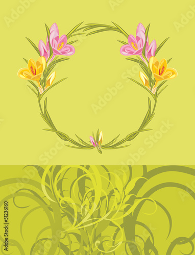 Wreath with crocuses on the green ornamental background