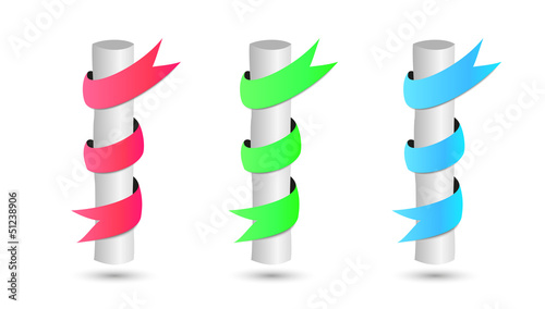 three steel rods wrapped by color ribbon
