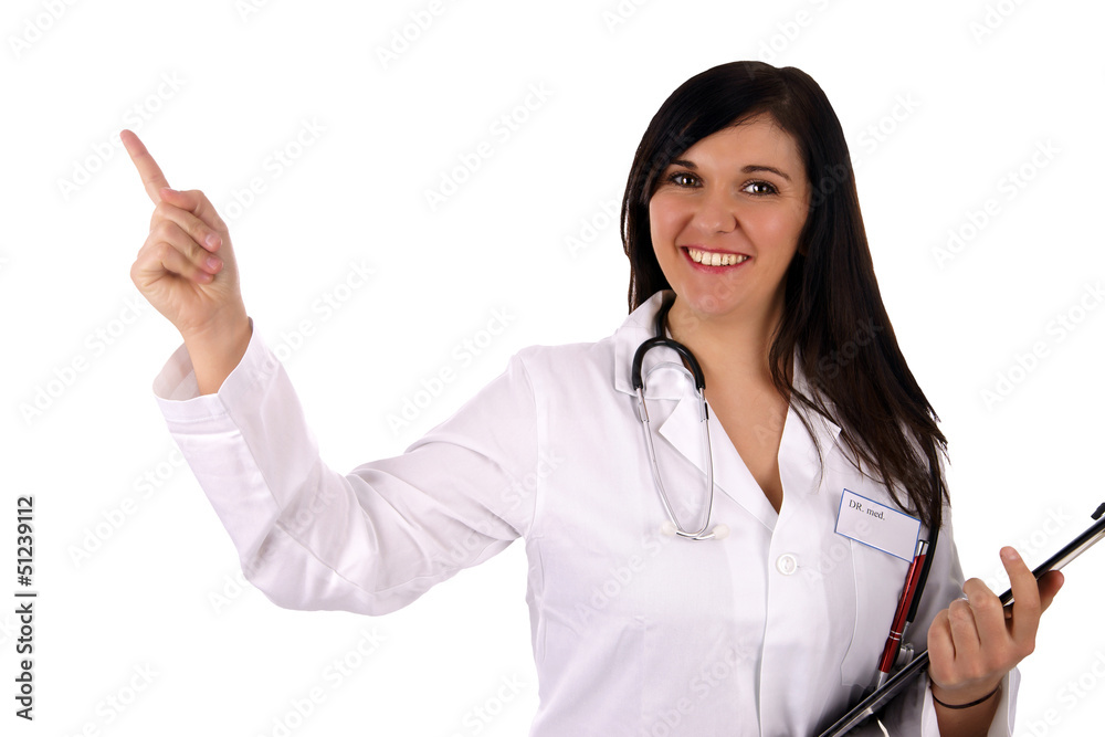 young doctor with writing board pointing up young doctor with writing board pointing up