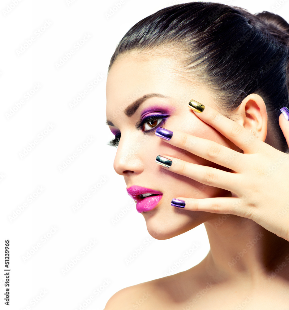 Beauty Makeup. Purple Make-up and Colorful Bright Nails Beauty Makeup. Purple Make-up and Colorful Bright Nails
