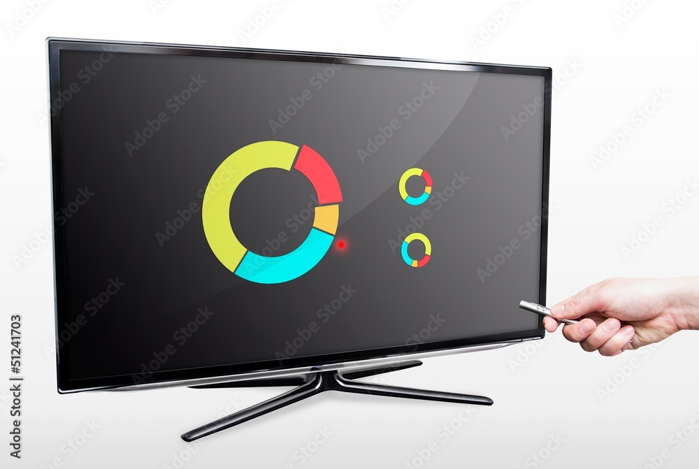 Naklejka premium Man showing stock chart with laser pointer on tv screen