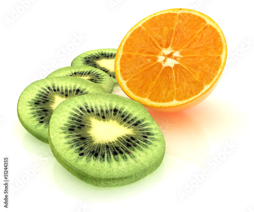 slices of kiwi and half orange on a white