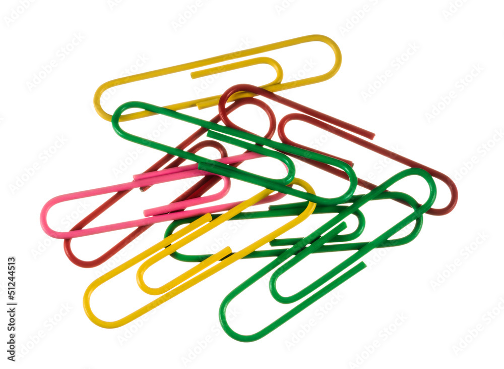 colored paper clips on a white background, isolated colored paper clips on a white background, isolated