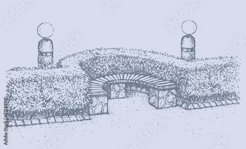 Vector landscape. Semicircular bench in the park near bushes