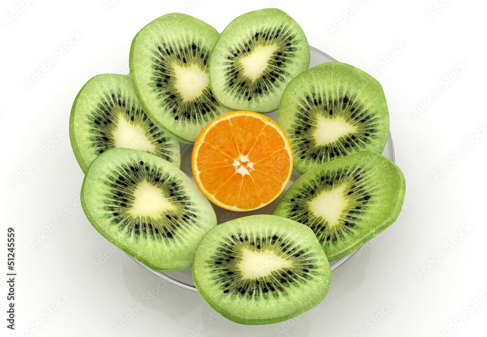 Fototapeta premium slices of kiwi and orange on a white