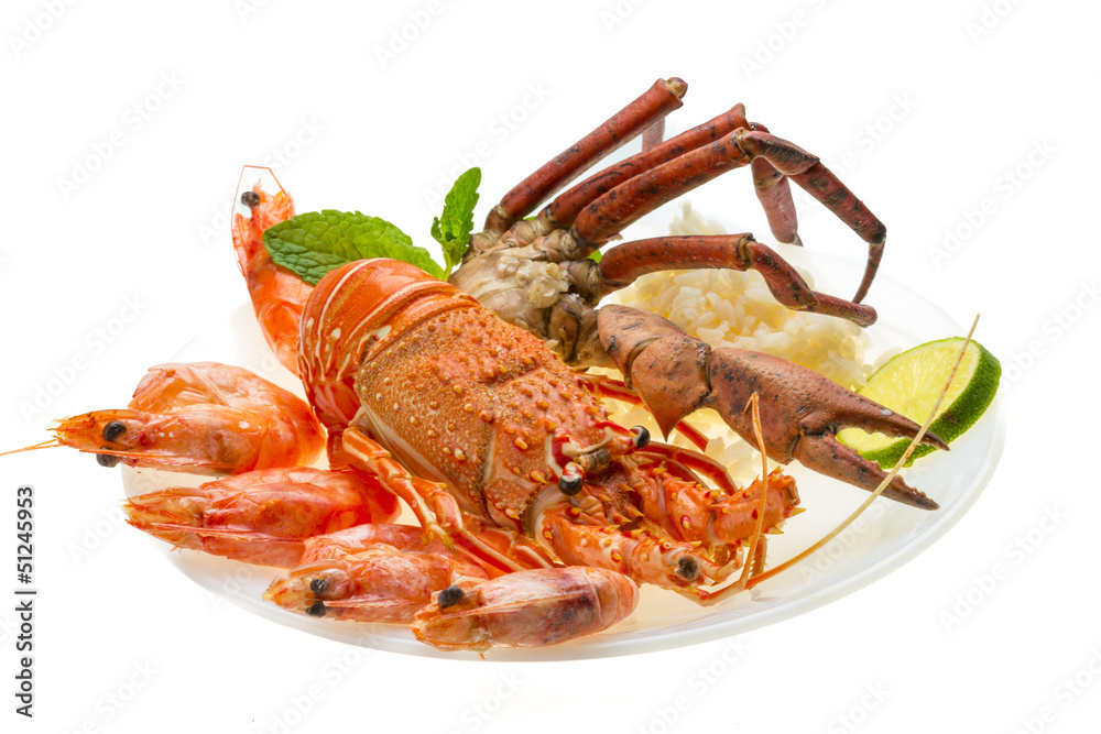 Spiny lobster, shrimps, crab legs and rice Spiny lobster, shrimps, crab legs and rice