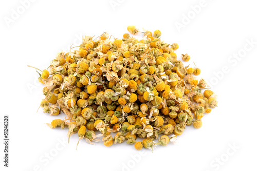 Heap dried chamomile isolated on white background