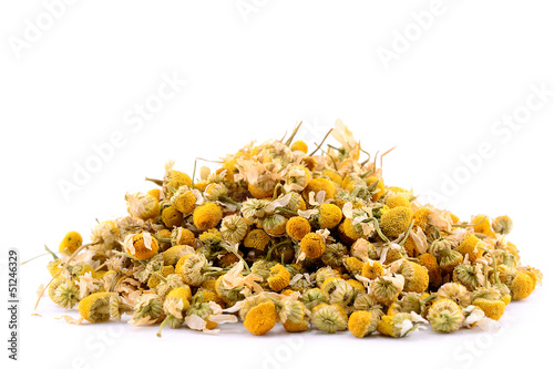 Pile of chamomile isolated on white background