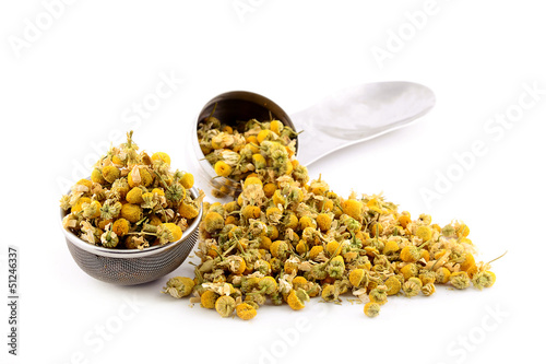 Heap dried chamomile with filter isolated on a white background