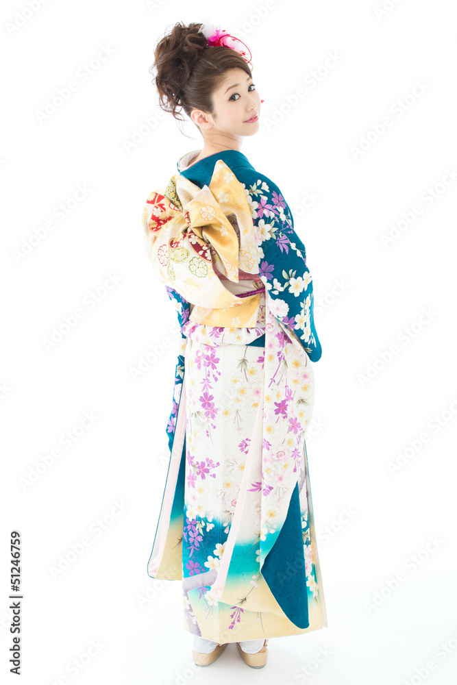 Fototapeta premium Beautiful asian kimono woman on white background
