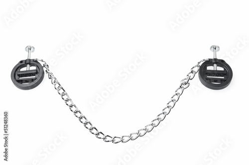 black fetish nipple clamps with chain isolated on white backgrou