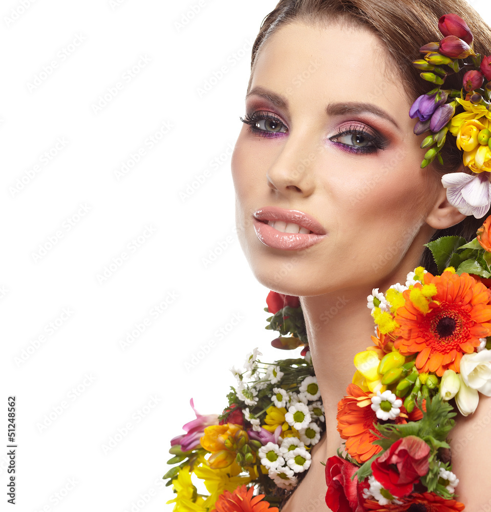 Fototapeta premium Woman with hairstyle and flower. Isolated.