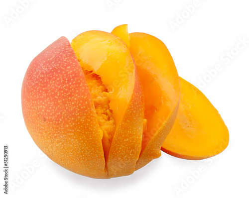 Mango with slices on a white background.