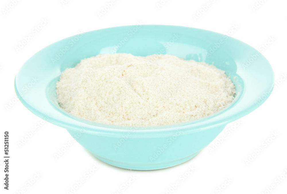 Powdered milk in bowl for baby isolated on white Powdered milk in bowl for baby isolated on white
