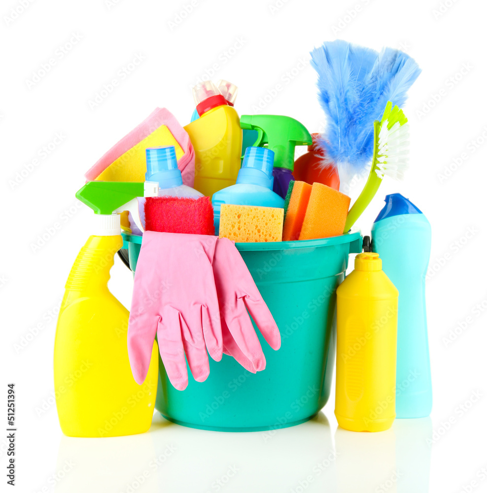 Cleaning items in bucket isolated on white Cleaning items in bucket isolated on white