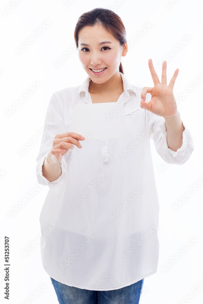 Asian woman showing empty card Asian woman showing empty card