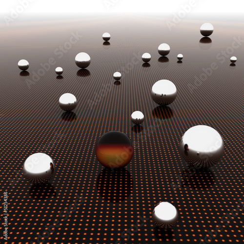 Chrome ball on light path to infinity. 3d render
