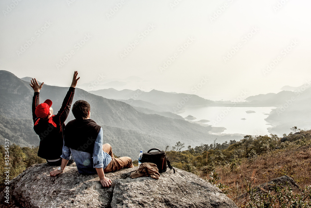 Fototapeta premium Friends are resting after they got on the mountain