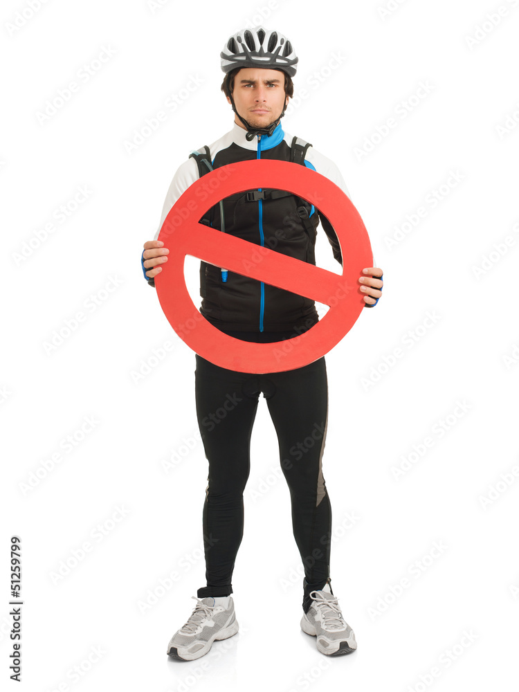 Young Male Cyclist Holding Road Sign Young Male Cyclist Holding Road Sign
