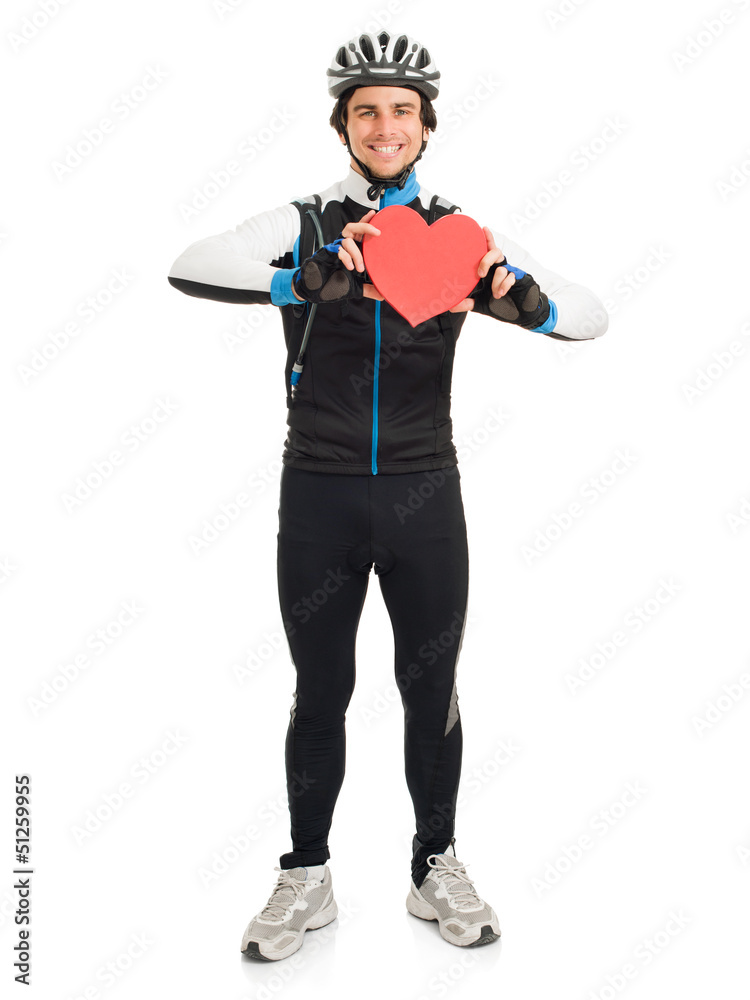 Young Male Cyclist Holding Heart Shape Young Male Cyclist Holding Heart Shape