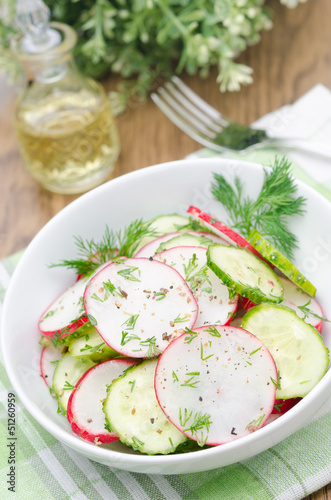 bowl of salad with cucumber, radish and dill closeup vertical