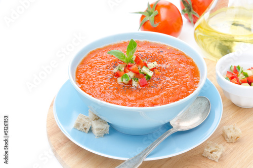 cold tomato soup gazpacho with basil and croutons