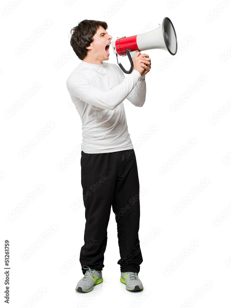 Young Man Shouting Through Megaphone Young Man Shouting Through Megaphone
