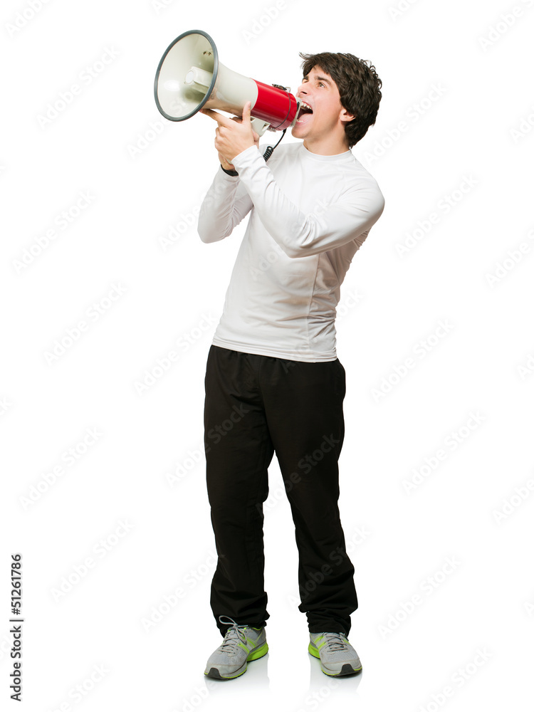 Young Man Shouting Through Megaphone Young Man Shouting Through Megaphone